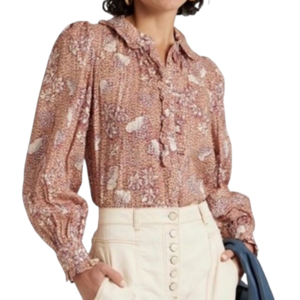 Ulla Johnson Philipa Ruffle Cotton Button Office Outing Top Sz 0 Cream Brown